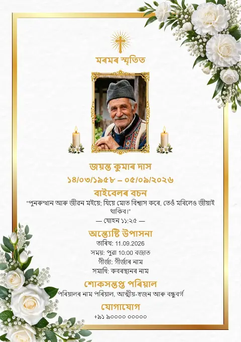 সোণালী সীমা, সেউজীয়া পাত, বগা ফুল, মাজত ছবি আৰু কাষত মমবাতি থকা সুন্দৰ বগা অন্ত্যেষ্টি স্মৰণ কাৰ্ড ডিজাইন