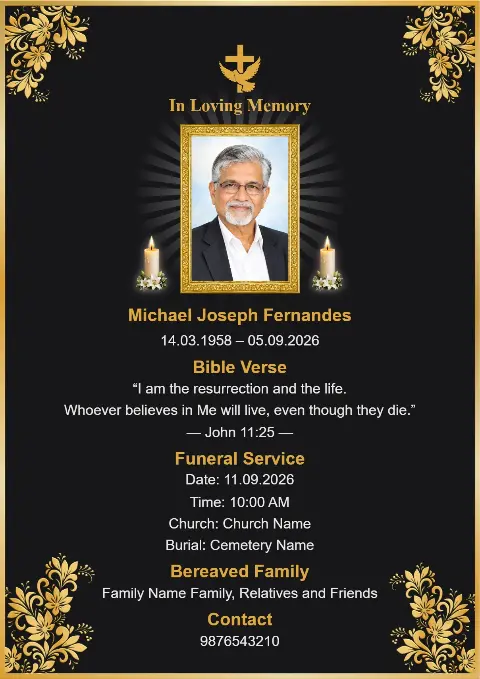 A black memorial card with gold floral corner ornaments, gold cross, centered portrait and candles for a funeral.