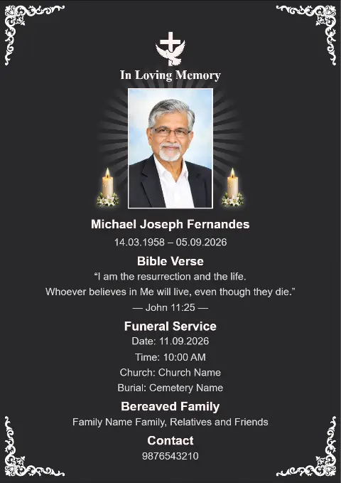 A black funeral card with white ornate corner borders, centered portrait, candles and a white cross.