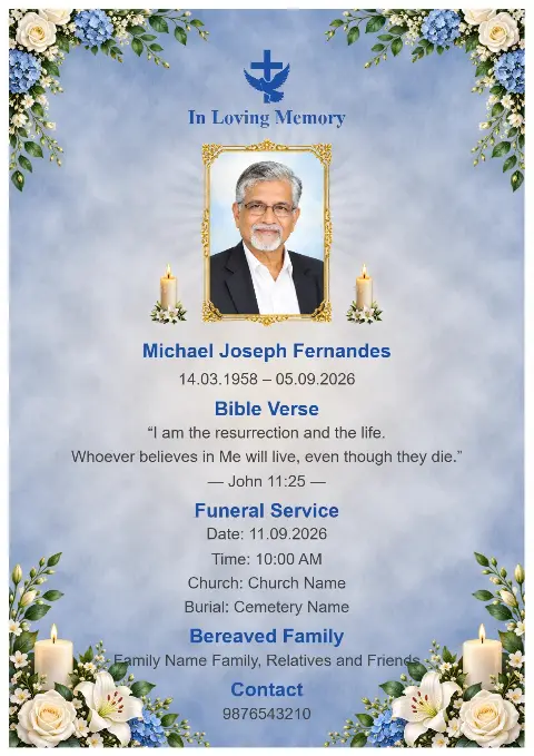 A soft blue memorial card with blue and white flowers around the edges, centered portrait, candles and a blue cross.