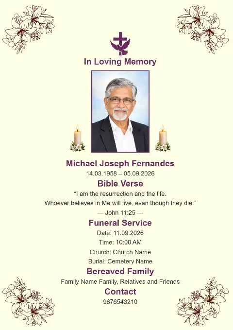 A pale cream memorial card with delicate botanical corner drawings, centered portrait, candles and a dark cross.