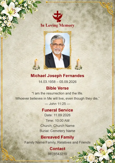 A beige textured memorial card with green foliage, white flowers, gold accents, centered portrait and a red cross.