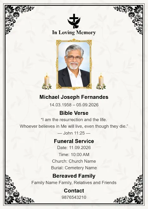 A white memorial card with subtle botanical motifs, black ornate corners, centered portrait, candles and a black cross.
