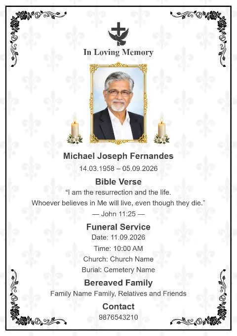 A white memorial card with a subtle grey floral pattern, black ornate border, centered portrait, candles and cross.