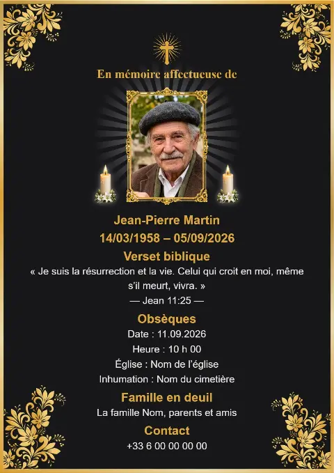 Carte funéraire noire avec ornements floraux dorés, croix dorée, portrait central et bougies.