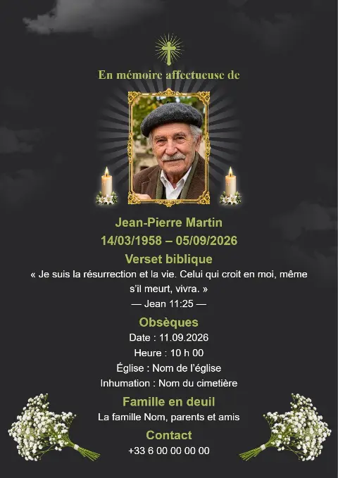 Carte funéraire sombre avec fleurs blanches, portrait central, bougies et halo lumineux autour de la photo.