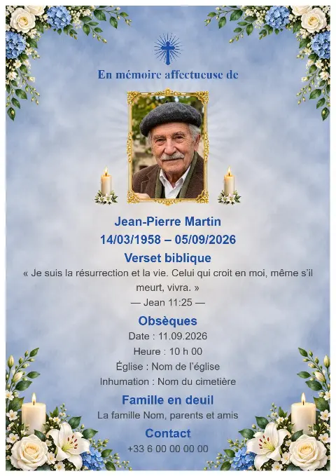 Carte funéraire bleu pâle avec fleurs bleues et blanches sur les bords, portrait, bougies et croix.