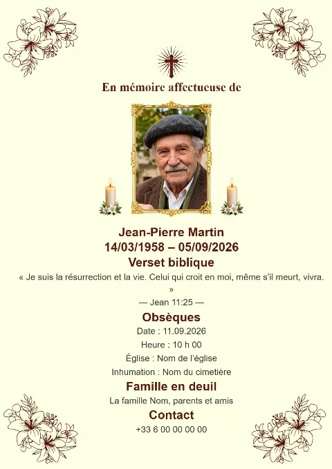 Carte funéraire crème avec de délicats motifs botaniques, portrait central, bougies et croix sombre.