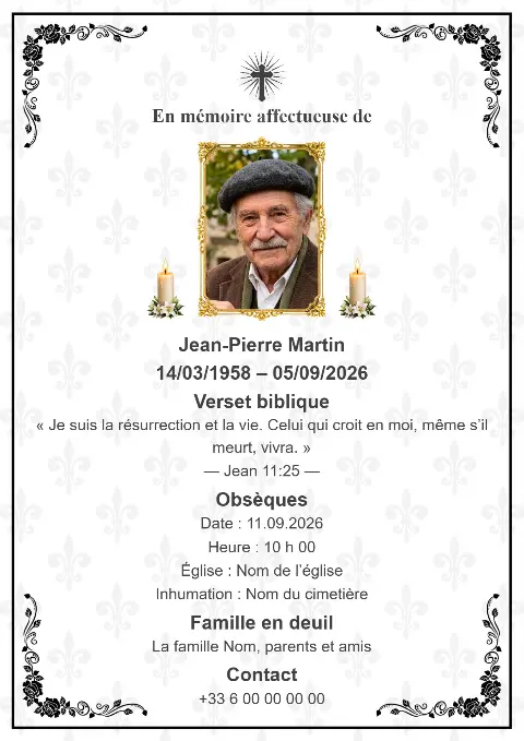 Carte funéraire blanche avec motif floral gris discret, cadre noir orné, portrait central, bougies et croix.