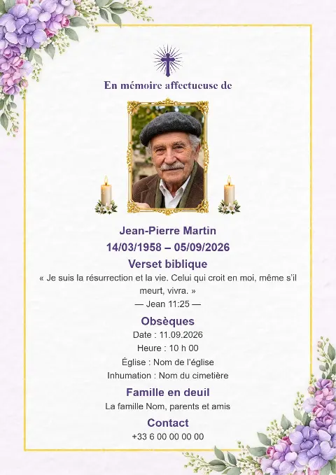 Carte funéraire blanche avec fine bordure dorée, fleurs violettes, portrait central et bougies pour les obsèques.