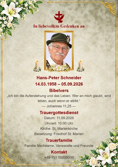 Beige Trauerkarte mit strukturierter Oberfläche, grünen Blättern, weißen Blumen, goldenen Akzenten und rotem Kreuz.