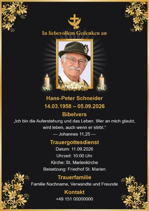 Schwarze Trauerkarte mit goldenen Blumenornamenten an den Ecken, goldenem Kreuz, Porträtfoto und zwei Kerzen.