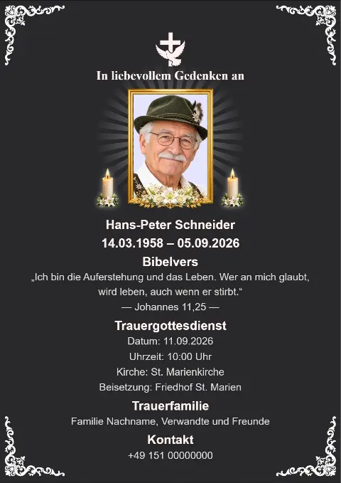 Schwarze Trauerkarte mit kunstvollen weißen Eckverzierungen, zentralem Porträtfoto, Kerzen und einem weißen Kreuz.