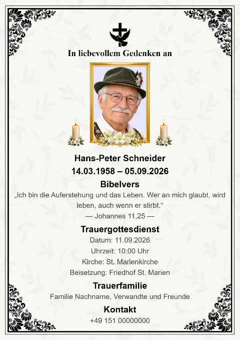 Weiße Trauerkarte mit dezenten botanischen Mustern, schwarzen Eckverzierungen, zentralem Porträtfoto, Kerzen und Kreuz.