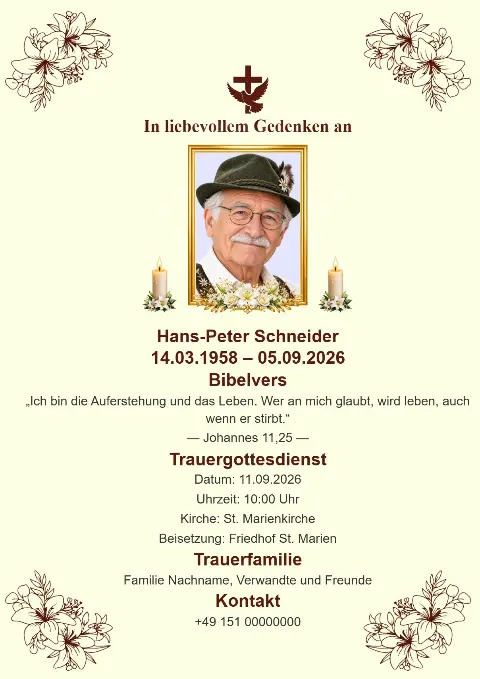 Cremefarbene Trauerkarte mit filigranen botanischen Zeichnungen, zentralem Porträtfoto, Kerzen und dunklem Kreuz.