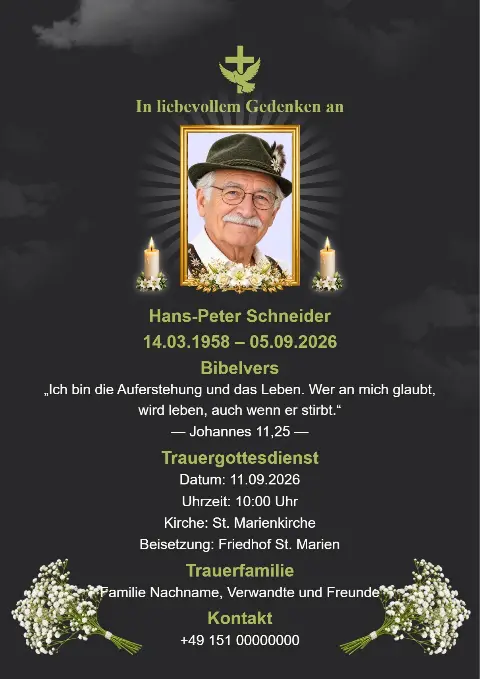 Dunkle Trauerkarte mit weißen Blumenarrangements, zentralem Porträtfoto, Kerzen und sanftem Lichtschein im Hintergrund.