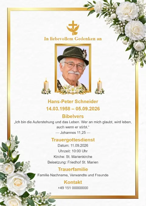 Weiße Trauerkarte mit goldenem Rahmen, grünen Blättern, weißen Blumen, zentralem Porträtfoto, Kerzen und goldenem Kreuz.