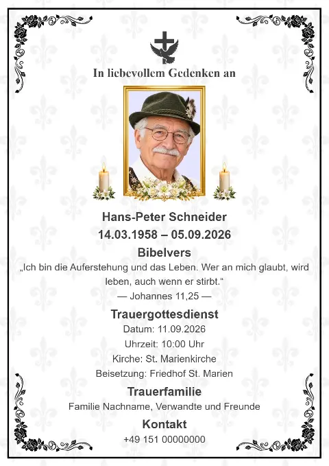 Weiße Trauerkarte mit dezentem grauem Blumenmuster, schwarzem Zierrahmen, zentralem Porträtfoto, Kerzen und Kreuz.