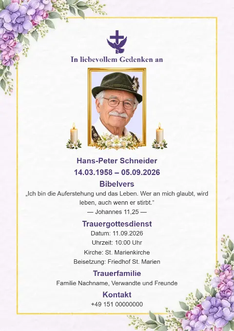 Weiße Trauerkarte mit feinem goldenem Rahmen, violetten Blumen in den unteren Ecken, Porträtfoto und Kerzen.
