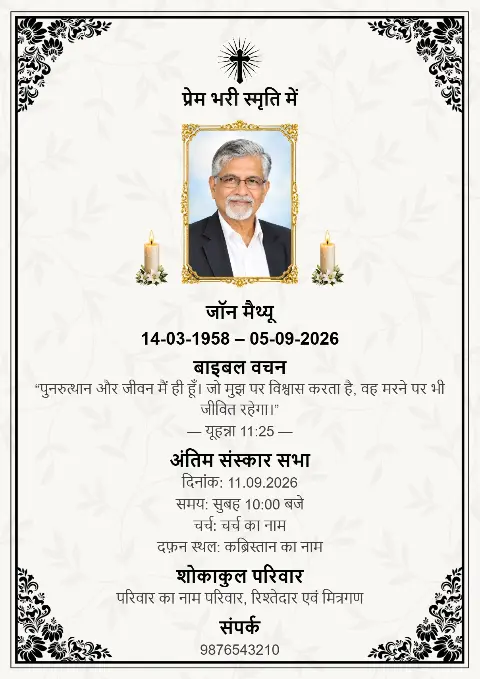 Safed smriti card par halka botanical pattern, kaale sajavati kone, beech mein photo, candles aur cross hain.