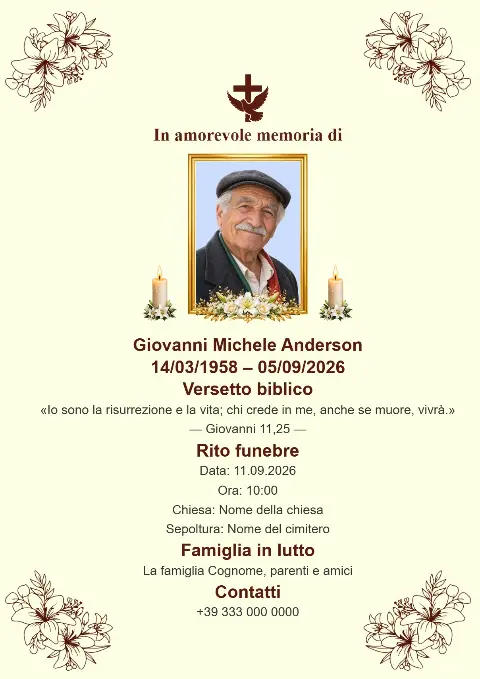 Biglietto funebre color crema con delicati disegni botanici agli angoli, foto centrale del defunto, candele e croce scura.