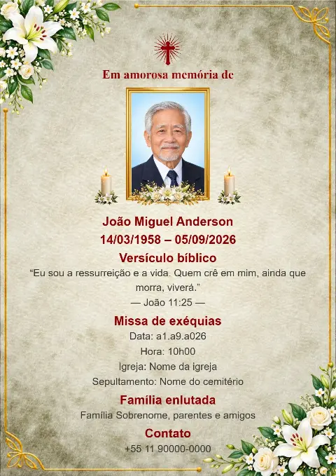 Cartão de funeral bege com textura de pergaminho, folhagem verde, flores brancas, detalhes dourados, fotografia e cruz vermelha.