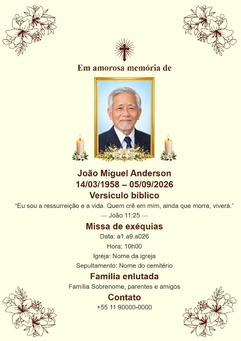 Cartão de funeral em tom creme com ilustrações botânicas delicadas nos cantos, fotografia central, velas e cruz escura.