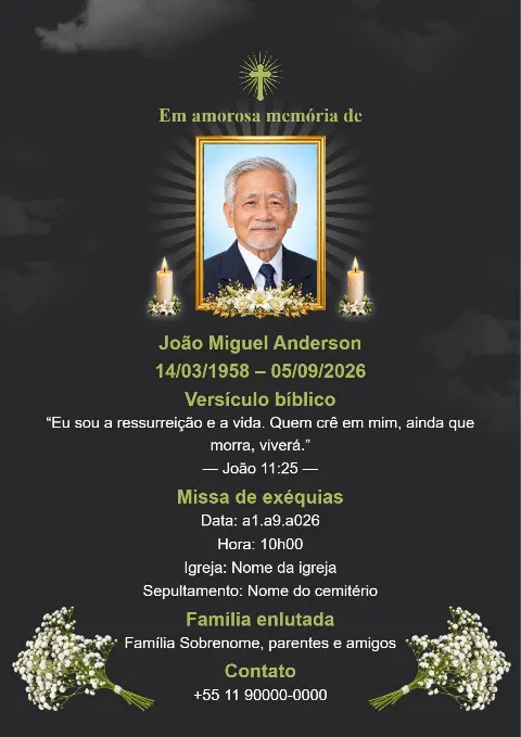 Cartão de funeral escuro com arranjos de flores brancas, fotografia central, velas e um suave efeito luminoso ao fundo.