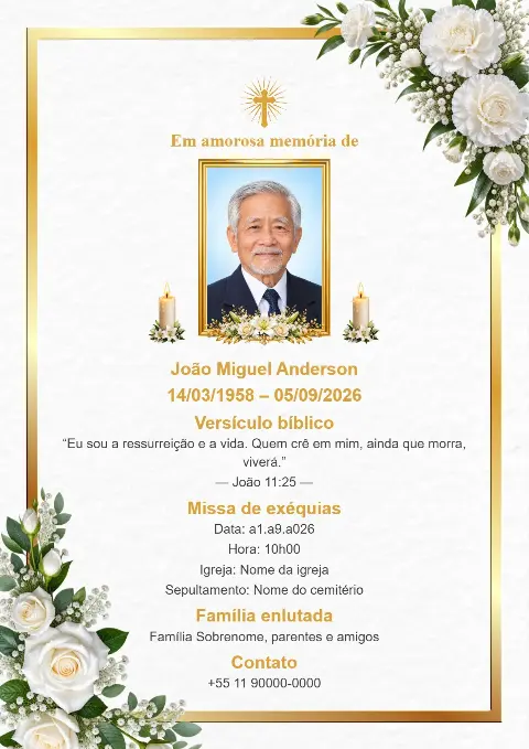Cartão de funeral branco com moldura dourada, folhagem verde, flores brancas, fotografia central, velas e cruz dourada.