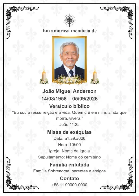 Cartão de funeral branco com padrão floral cinzento discreto, moldura preta ornamental, fotografia central, velas e cruz.