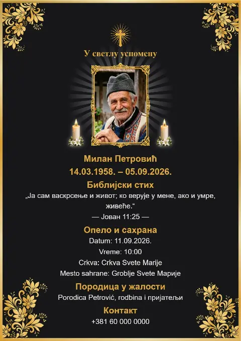 Crna pogrebna čitulja sa zlatnim cvjetnim ukrasima, zlatnim krstom, portretom i svijećama.