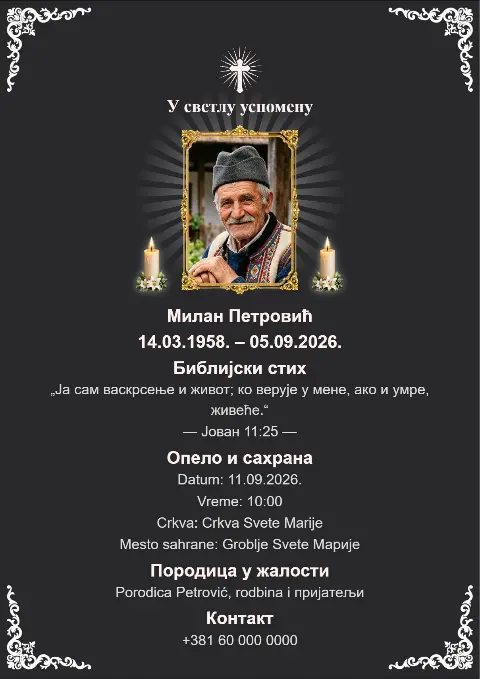 Crna pogrebna čitulja sa bijelim ukrasnim okvirom, portretom, svijećama i bijelim krstom.