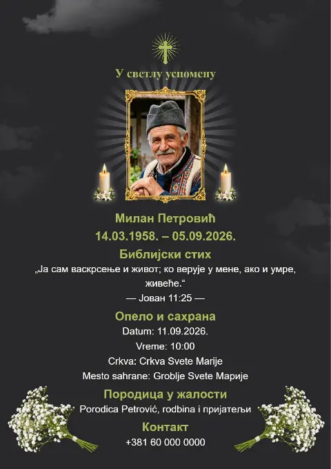 Tamna pogrebna čitulja sa bijelim cvjetnim granama, portretom, svijećama i blagim sjajem.