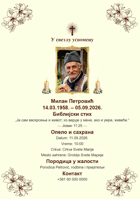 Kremasta pogrebna čitulja sa nježnim botaničkim ukrasima, portretom, svijećama i tamnim krstom.
