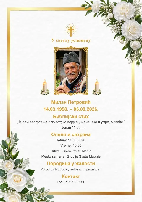 Bijela pogrebna čitulja sa zlatnim okvirom, zelenilom, bijelim cvijećem, portretom, svijećama i krstom.