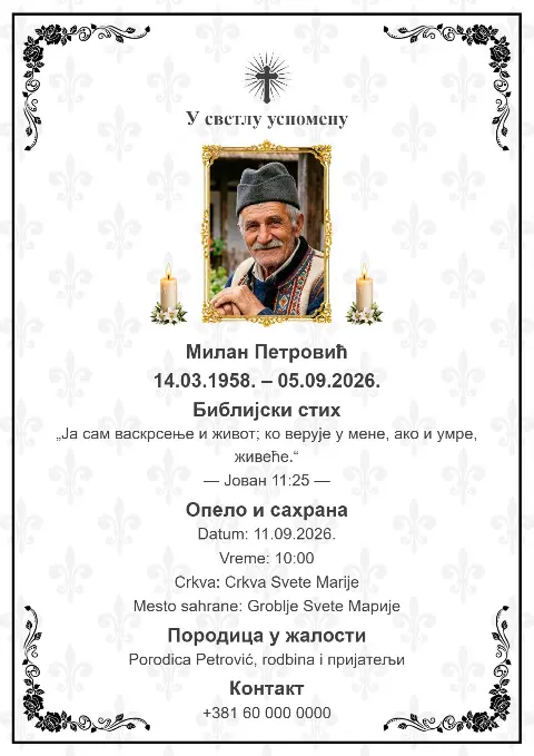Bijela pogrebna čitulja sa suptilnim sivim cvjetnim uzorkom, crnim okvirom, portretom i krstom.