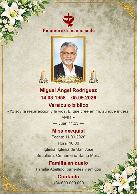 Tarjeta funeraria beige con fondo de textura de pergamino, hojas verdes, flores blancas, detalles dorados y cruz roja.