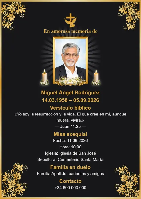 Tarjeta funeraria negra con elegantes adornos florales dorados en las esquinas, cruz dorada, fotografía y velas.