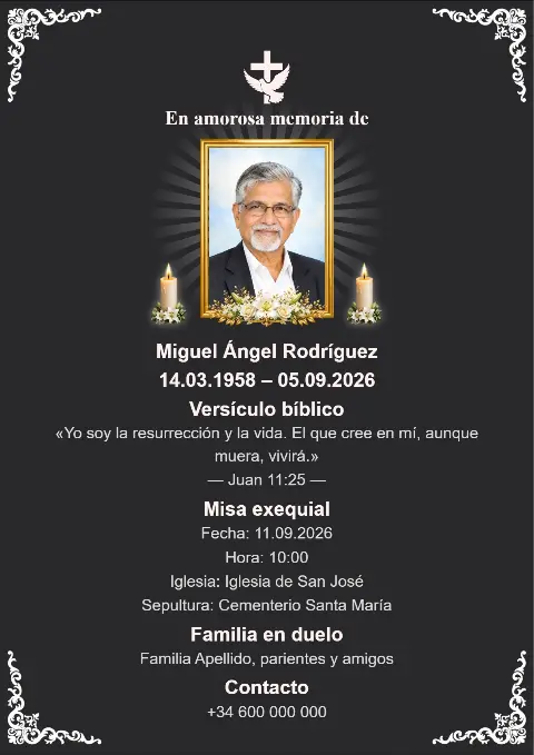 Tarjeta funeraria negra con elegantes bordes ornamentales blancos, fotografía central del fallecido, velas y cruz blanca.