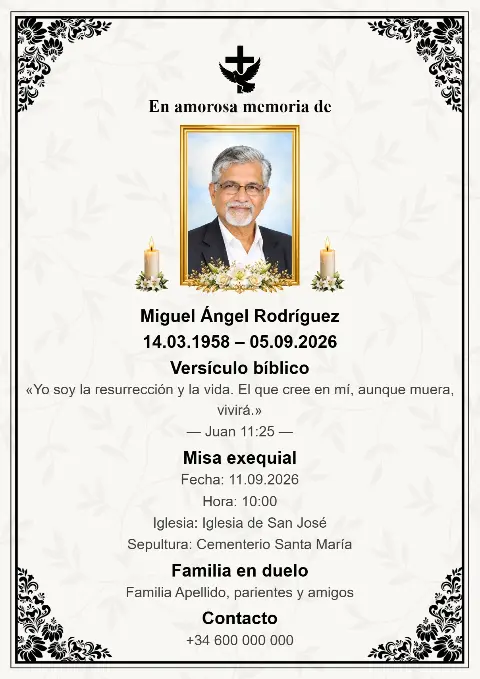 Tarjeta funeraria blanca con delicados motivos botánicos, esquinas ornamentales negras, fotografía central del fallecido y velas.