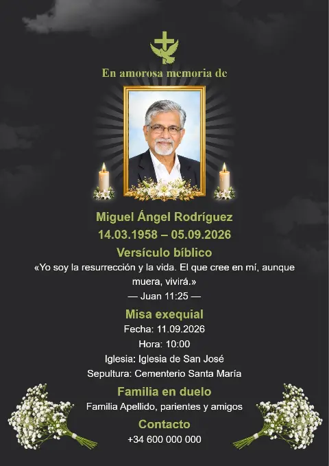 Tarjeta funeraria oscura con arreglos de flores blancas, fotografía central del fallecido, velas y un suave resplandor.