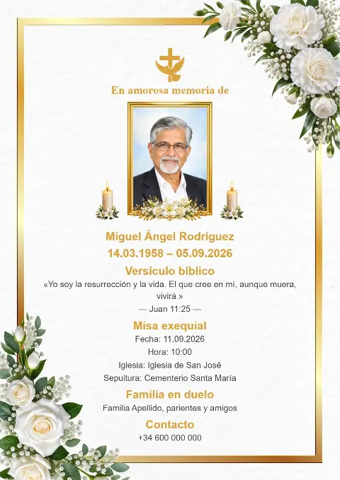 Tarjeta funeraria blanca con marco dorado, hojas verdes, flores blancas, fotografía central del fallecido, velas y cruz dorada.