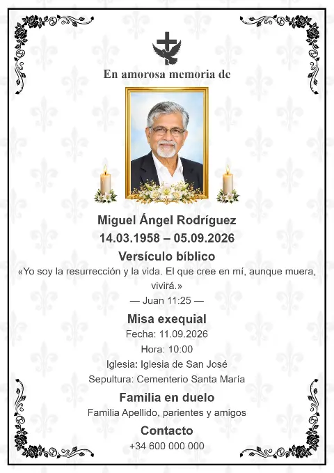 Tarjeta funeraria blanca con un sutil diseño floral gris, marco ornamental negro, fotografía central del fallecido y velas.