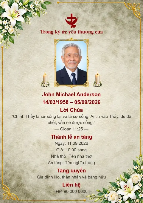 Thiệp tang lễ màu be với nền họa tiết giấy da, lá xanh, hoa trắng, điểm nhấn vàng, ảnh chân dung và thánh giá đỏ.