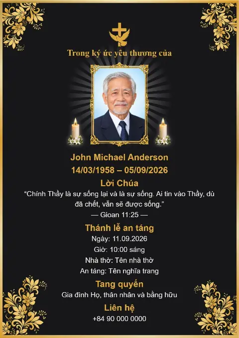 Thiệp tang lễ nền đen với họa tiết hoa vàng ở các góc, thánh giá vàng, ảnh chân dung ở giữa và nến tưởng niệm trang nhã.