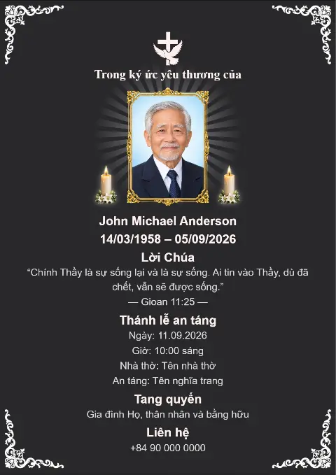 Thiệp tang lễ nền đen với khung viền trắng hoa văn tinh xảo ở các góc, ảnh chân dung chính giữa, nến và thánh giá trắng.