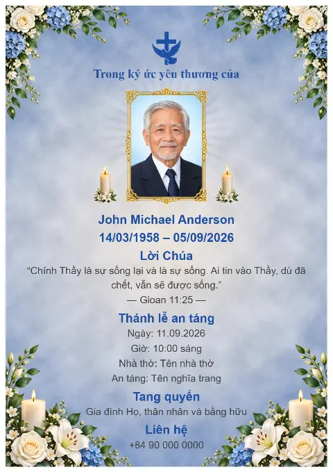 Thiệp tang lễ xanh nhạt với hoa xanh trắng bao quanh viền, ảnh chân dung người đã khuất ở giữa, nến và thánh giá xanh.