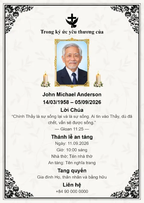 Thiệp tang lễ nền trắng với họa tiết thực vật tinh tế, góc viền đen trang trí, ảnh chân dung ở giữa, nến và thánh giá đen.