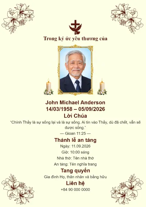 Thiệp tang lễ màu kem nhạt với họa tiết thực vật tinh tế ở các góc, ảnh chân dung chính giữa, nến và thánh giá màu tối.