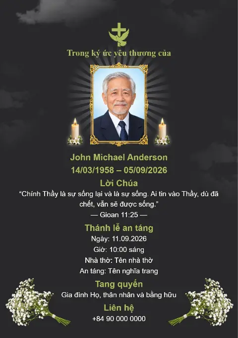 Thiệp tang lễ nền tối với những cụm hoa trắng, ảnh chân dung ở giữa, nến và hiệu ứng ánh sáng dịu nhẹ phía sau bức ảnh.